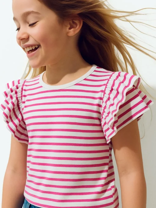 GATE Bawełniany t-shirt w paski z falbankami|Dzieci Dziewczynki·Koszulki I Topy