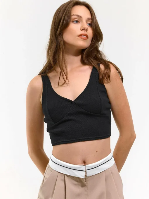 GATE Bokserka z żebrowanej dzianiny z dekoltem w serek| Koszulki I Topy·Podkoszulki ☀️|Koszulki I Topy·Crop Top ☀️