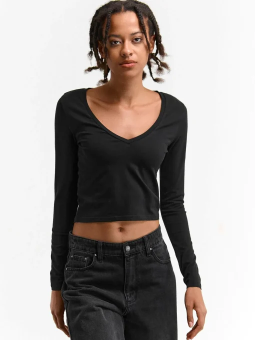 GATE Elastyczna koszulka z dekoltem w kształcie litery V| Koszulki I Topy·Crop Top ☀️|Koszulki I Topy·Koszulki
